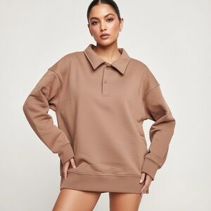 MONDETTA NATURAL TAN COLLARED PULLOVER SWEATSHIRT , SIZE XL